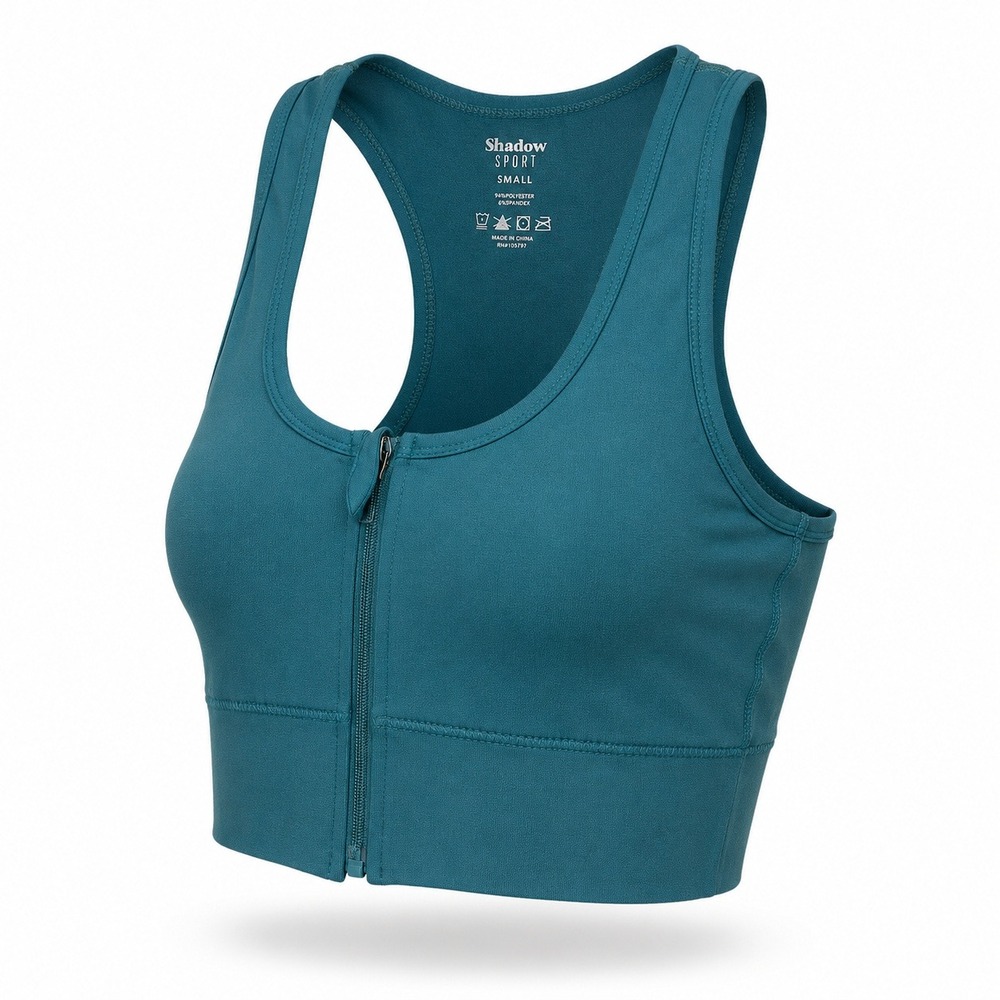Shadow Sport Small Front Zip Sports Bra Teal Racerback Activewear